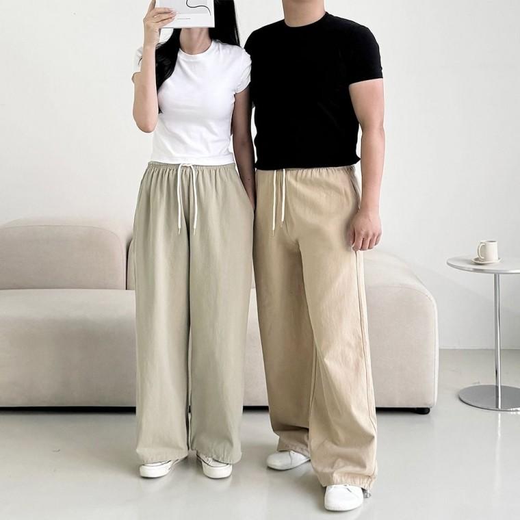 가을면바지 스트링 여자바지 코튼팬츠 가을 로우라이즈 팬츠 허리밴딩 면바지