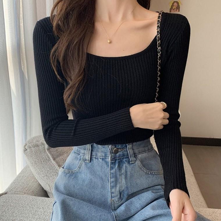 파인 이쁜 슬림 예쁜 무지골지 티셔츠 골지 여성가을 여자가을 여성 U넥