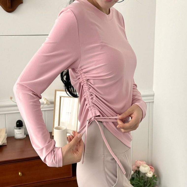 봄가을티 옆스트링 티셔츠 여성 스판티셔츠 여성티셔츠 가을티 긴팔티 언발