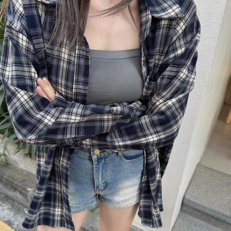 체크남방여성 루즈핏 오버핏 롱 가을 레이어드 긴팔 PW-916