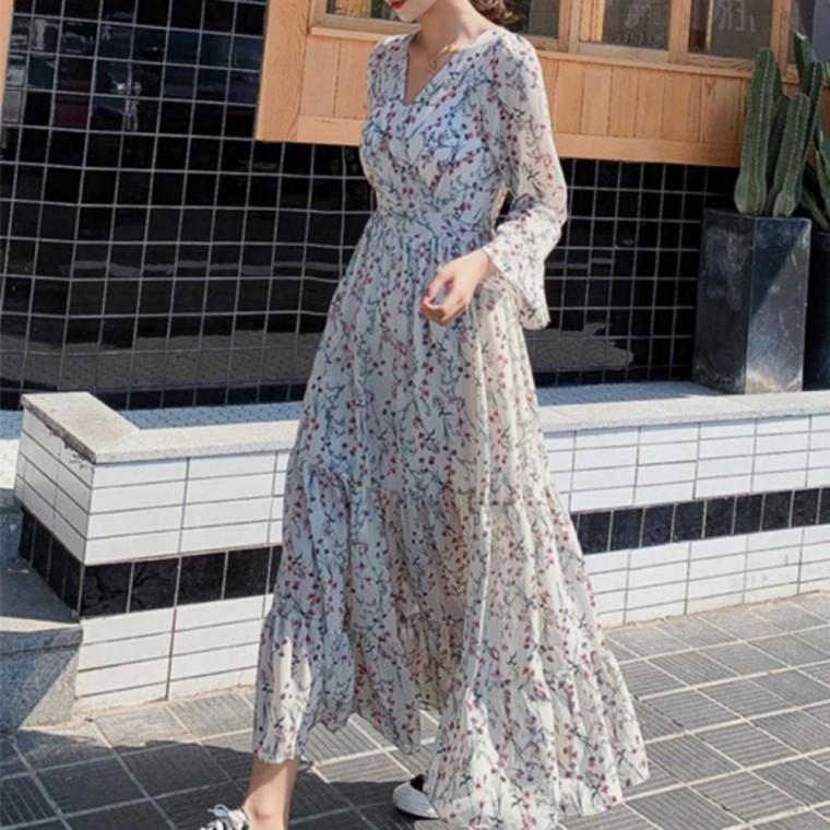 봄 롱 하객룩 가을 나들이 브이넥 데일리 플라워 가을 원피스 패턴 간절기 쉬폰 긴팔