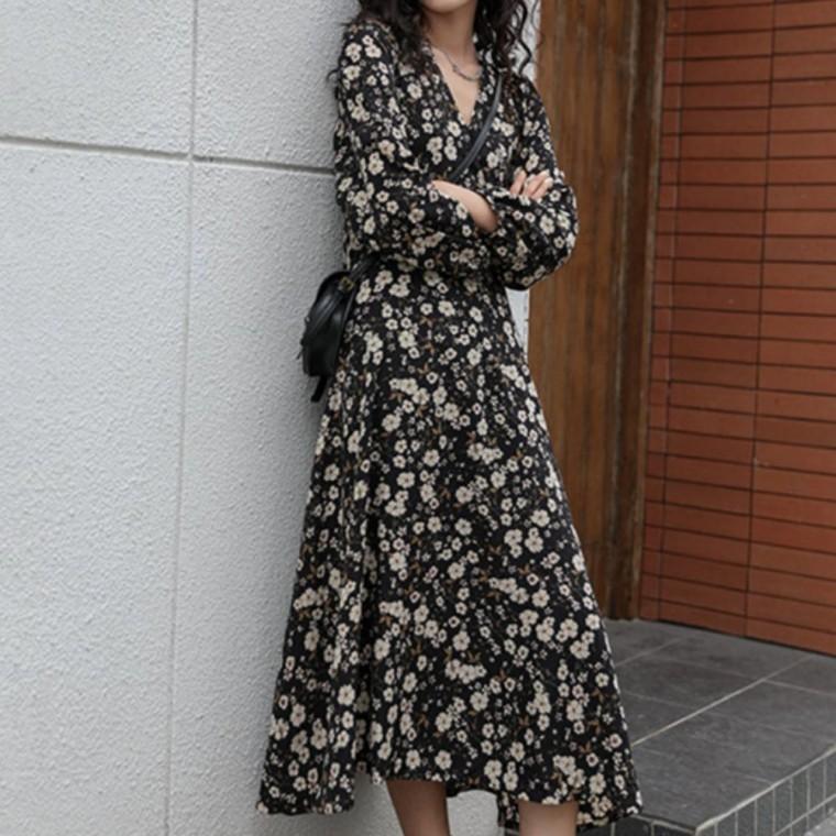 플라워 간절기 가을 봄 패턴 원피스 나들이 롱 가을 데일리 긴팔 쉬폰 하객룩 A라인
