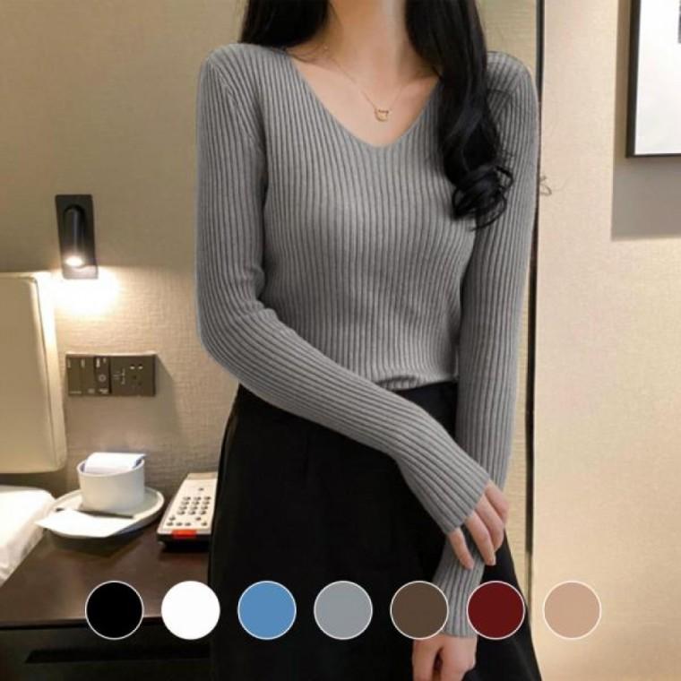 브이넥 골지 티셔츠 베이직 데일리 니트 가을 이너