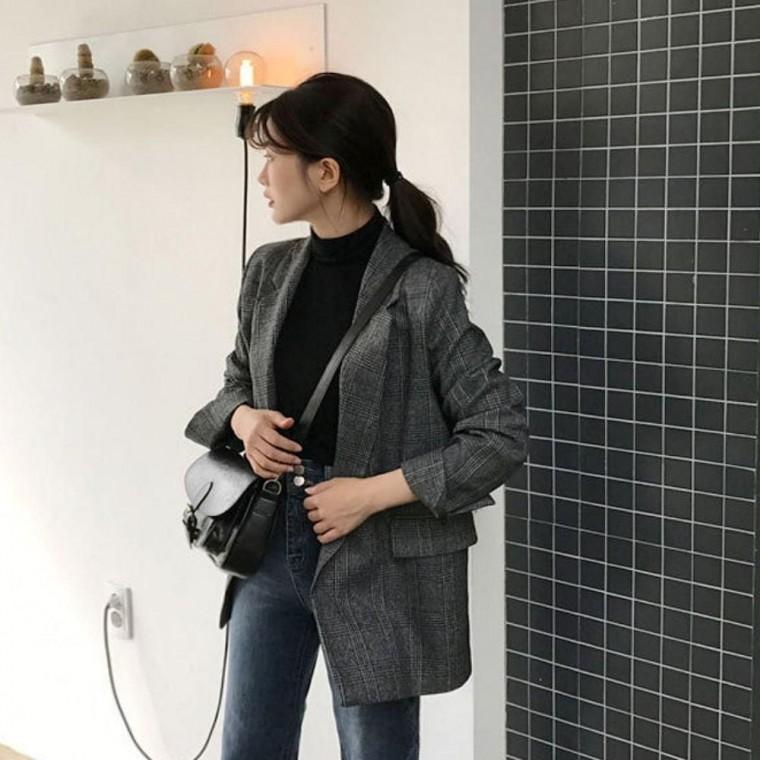 체크 소매 자켓 여자가을의류 롤업 캐주얼정장 가을 캐주얼정장 여성 체크