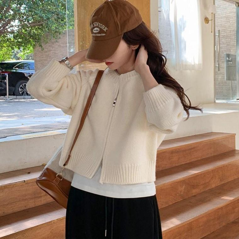 여자 간절기 숏 크롭 지퍼 니트가디건 루즈핏 가디건 블랙가디건 라운드 레드가디건 가을 루즈핏가디건