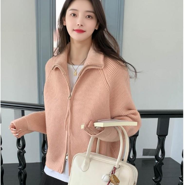 여자 가을 겨울 니트 지퍼 집업가디건 골지 하이넥 카라 가디건