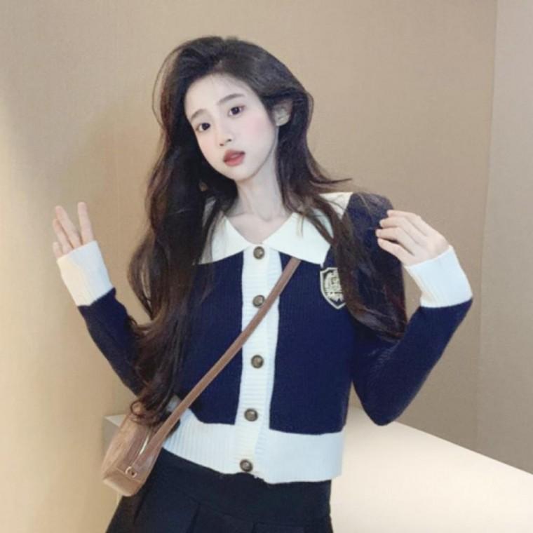 클래식 버튼 와펜 가디건 여성용 카라 가디건 니트 상의 봄 가을 아우터 데일리룩 페미닌 가디건 하객룩 코