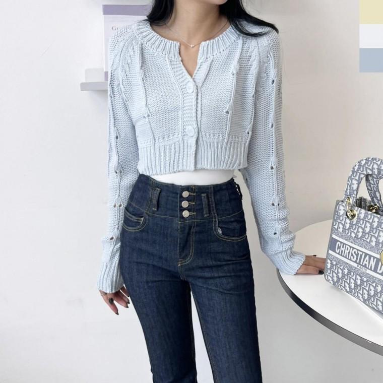 2LUND 5047 여자쁘띠펀칭 크롭니트가디건 여성정장유니폼 흐 여성 U넥 봄가을가디건 라운드 브이넥 가디건
