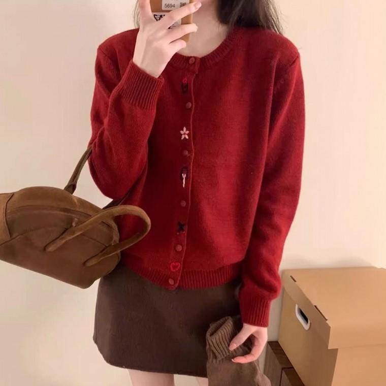 여성 라운드 넥 봄 가을 꽃 자수 니트 가디건 레드 여자 봄가디건 꽃자수 꽃가디건