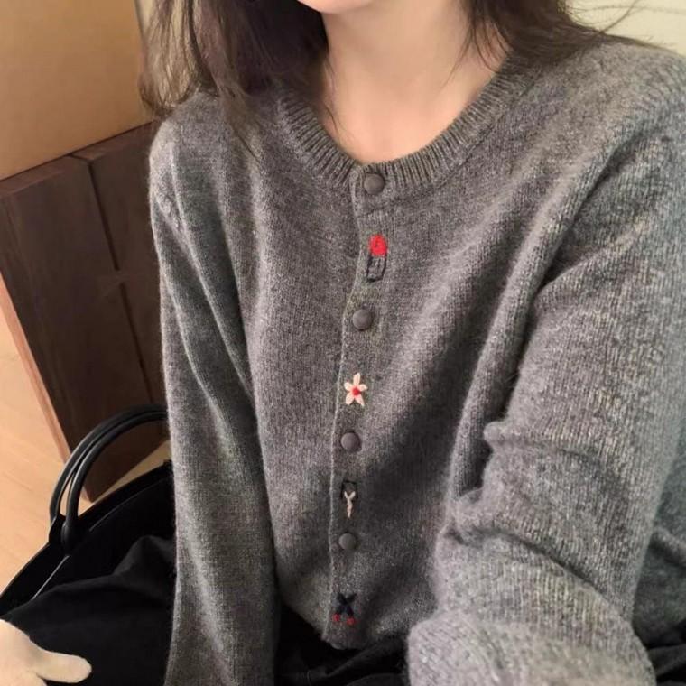 여성 라운드 넥 봄 가을 꽃 자수 니트 가디건 그레이 여자 봄가디건 꽃자수 꽃가디건