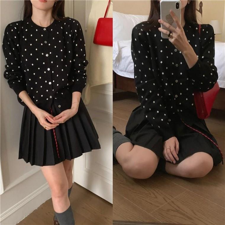 심플한 도트 니트 가디 봄가을 가디건 베이직 땡땡이 데일리 루즈핏 캐주얼 라운드넥 배색