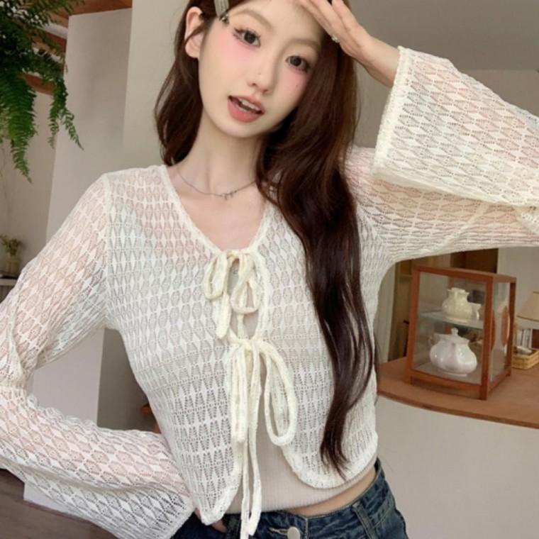 시스루 펀칭 스트링 가디건 여성용 여름 가을 겸용 아우터 루즈핏 가디건 레이어드 상의 유니크한 디자인