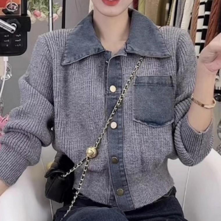 퀸즈 데님 카라 도톰 가디건 여성용 세련된 니트 아우터 배색 데님 포인트 가디건 데일리 가을 니트 코디