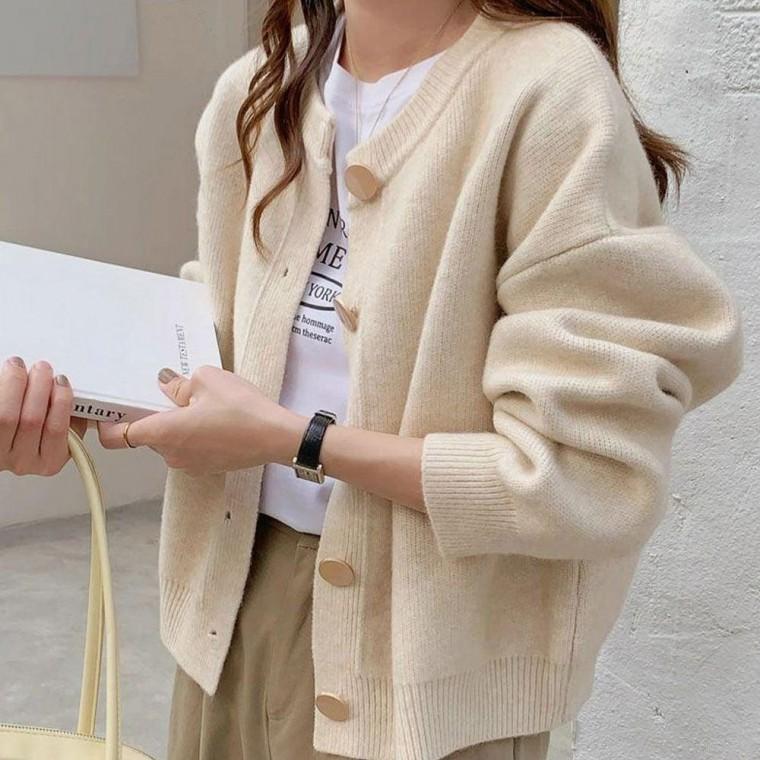 가디건 봄아우터 여성카디건 여자가디건 아우터 빅버튼 심플 라운드넥 여성 봄 가을