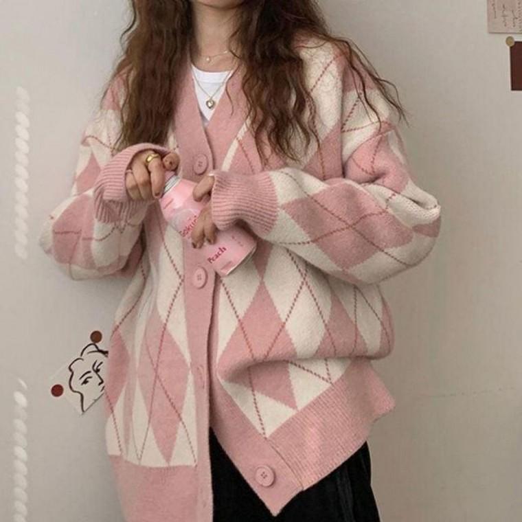 클래식 아가일 패턴 브이넥 루즈핏 가디건 가을 니트 아우터