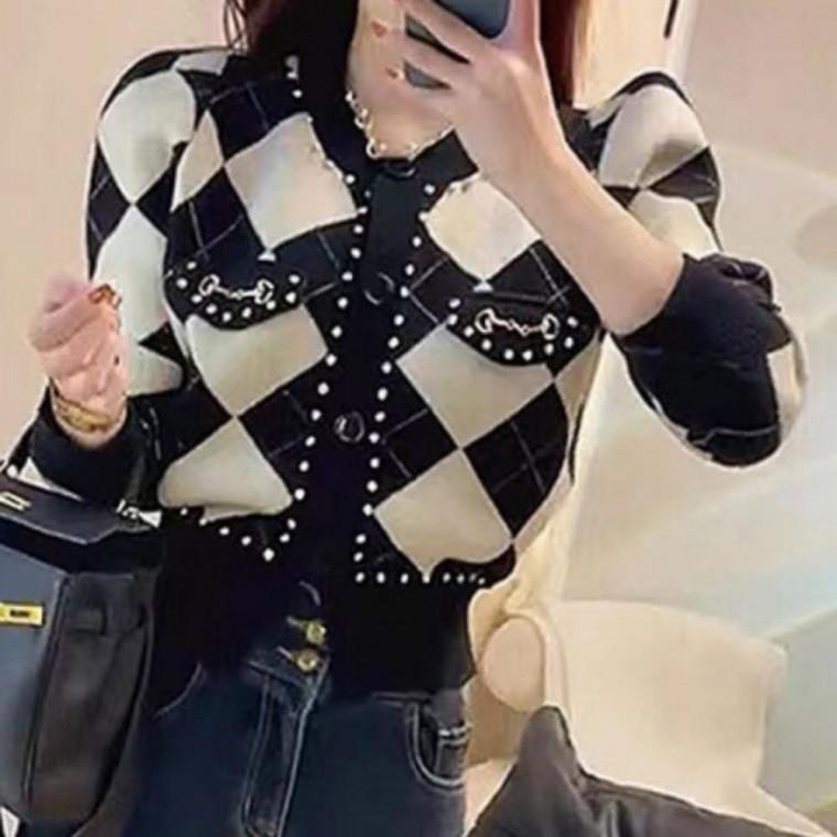 여성 아가일 패턴 니트 가디건 라운드넥 패션 아우터 가을 상의 클래식 스웨터 데일리 룩