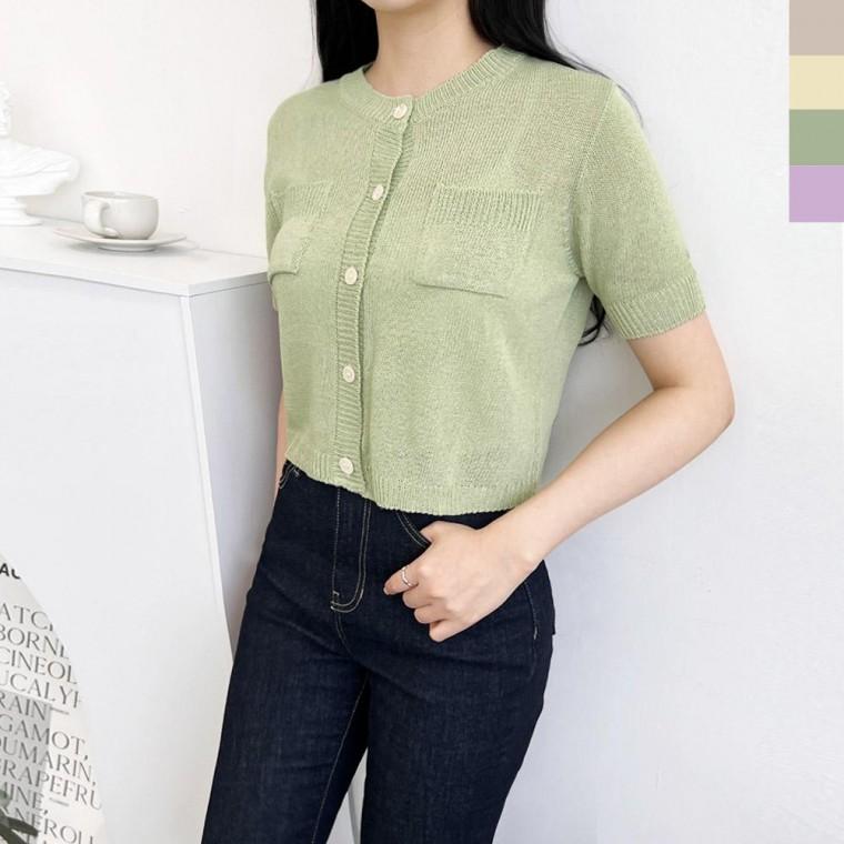 2LCBB 1053 여자시원한포켓크롭반팔니트가디건 브이넥 라운드 가을 여성 라쏠 니트티 가디건 간절기 U넥 반