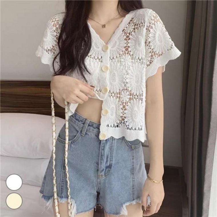 해바라기 자수 펀칭 그물 가디건 ELC9074 가을 여성 망사 미니 숏볼레로 볼레로가디건 간절기 볼레로 긴팔