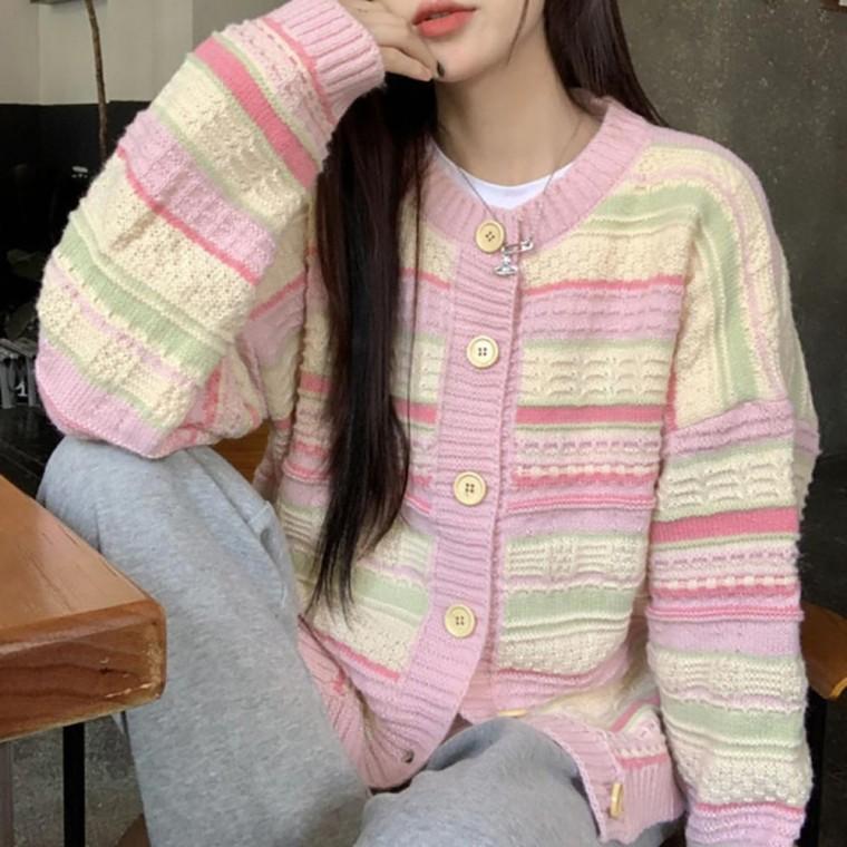 라운드넥 파스텔 긴팔가디건 NF65 흐 박디건 스웨터 여성 가을 루즈핏 꽈배기 가디건 데일리 박시 골지 베