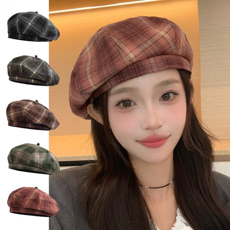 가을모자 빵모자 꼭지 여성 베레모 화가 체크무늬 빈티지