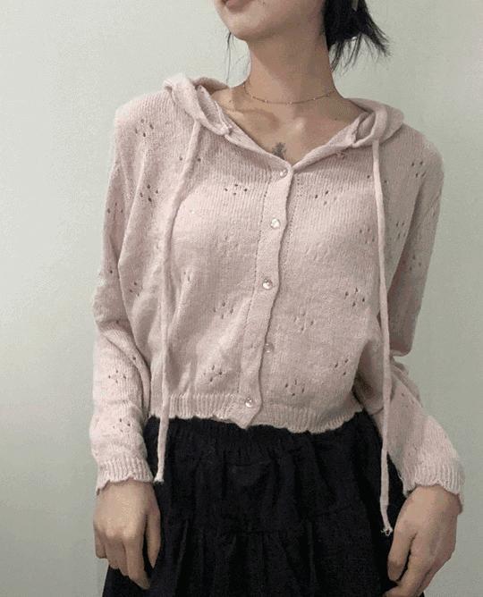 여성 파스텔 색감 펀칭 후드 니트 티 가디건 [3color 핑크 크림 그레이 세미크롭 버튼 봄 가을 겨울 긴팔]