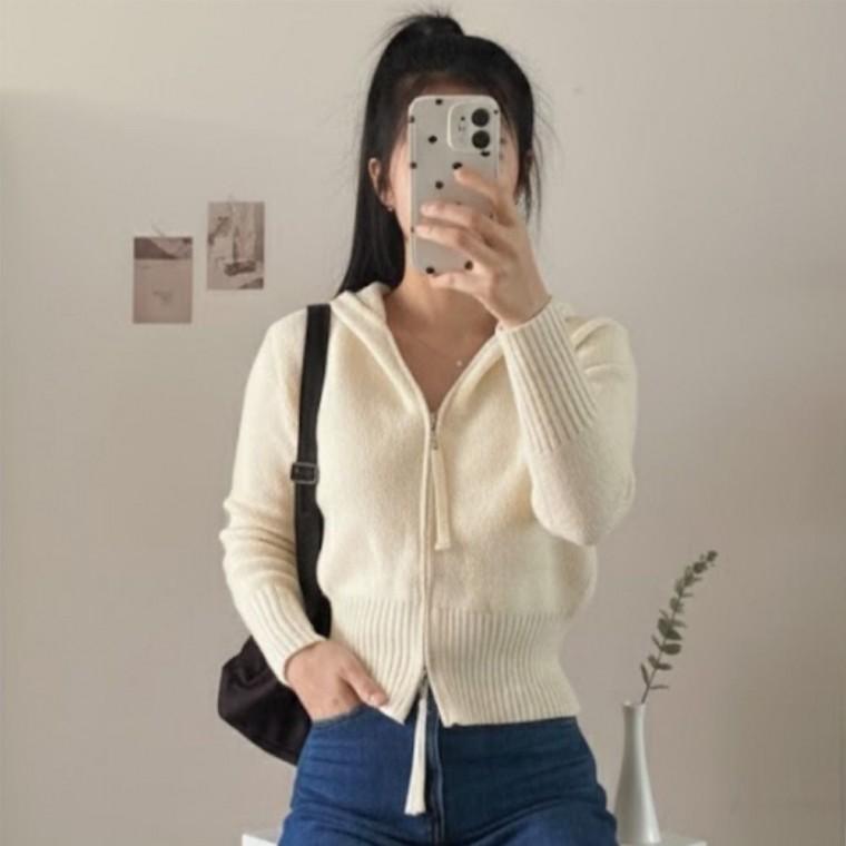 크림 니트집업 가디건 후드 꾸안꾸 데일리 가을룩 SS-096