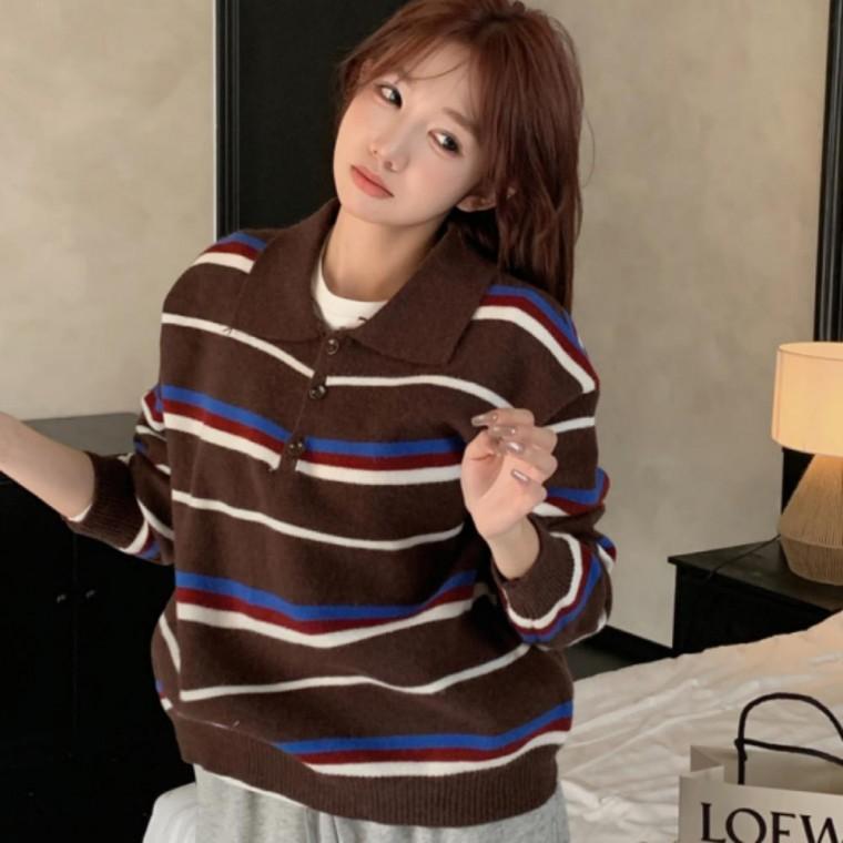 여성 가을 긴팔 단가라 카라 스트라이프 니트 맨투맨
