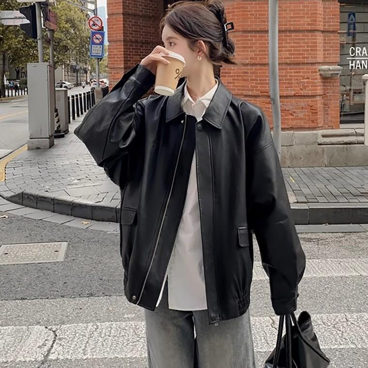 여성 루즈핏 레더자켓 봄가을 가죽점퍼 박시핏 아우터