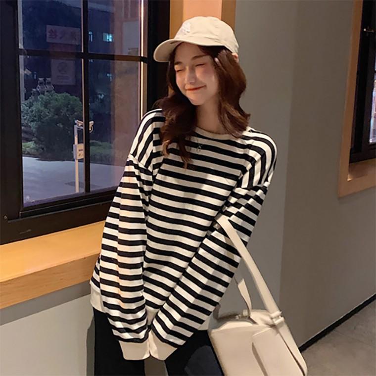 여자 봄 가을 루즈핏 단가라 라운드넥 맨투맨 티셔츠