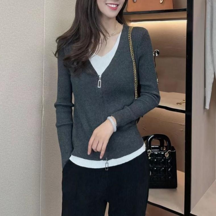 패션 티셔츠 슬림핏 봄가을 디자인 티 롱 니트 가디건 브이넥 여자 여성