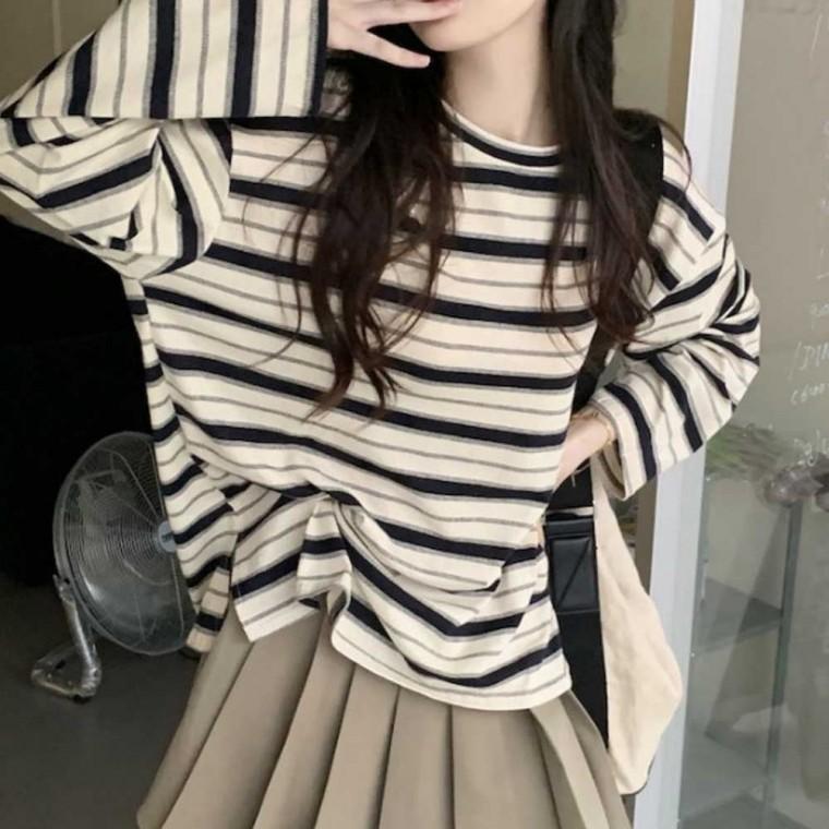 캐주얼티 면긴팔티 라운드넥 루즈핏 가을티셔츠 여자긴팔티 단가라