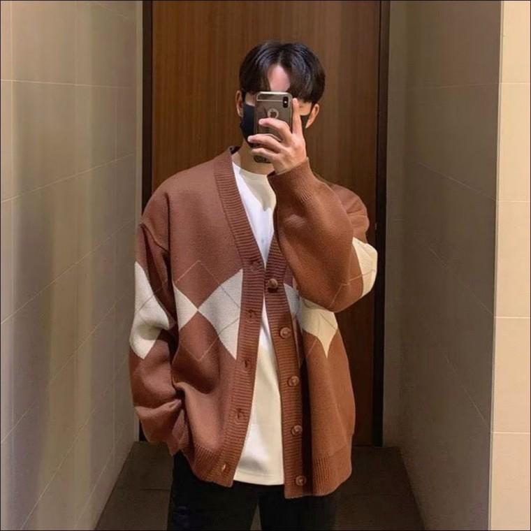 가을 체크 다이아 가디건 니트 아우터 패턴 남자