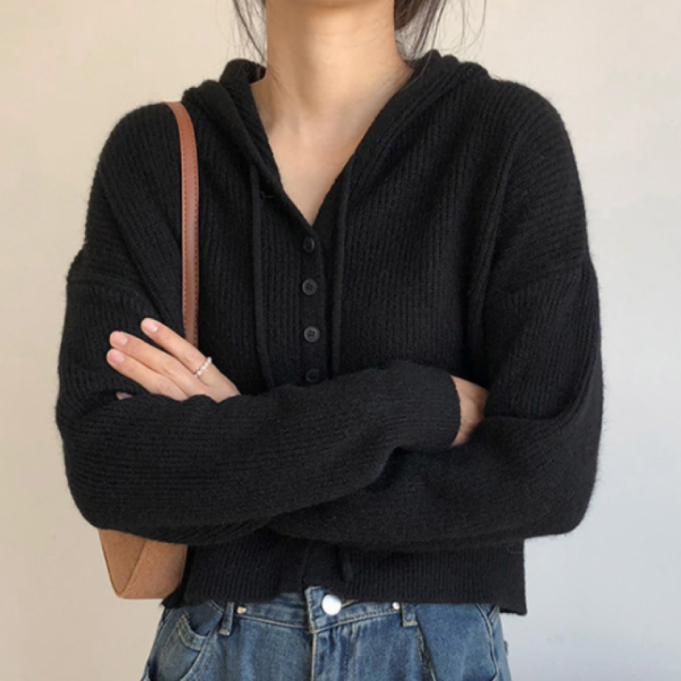 좋은 여자 가을 봄 숏 루즈핏 후드 크롭 블랙 가디건