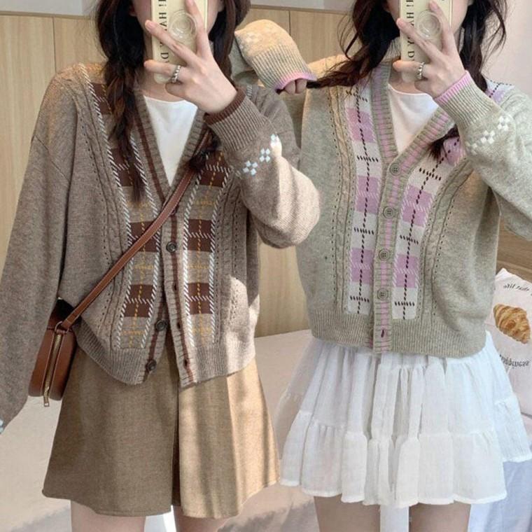 여성 봄 가을 체크 브이넥 단추 가디건