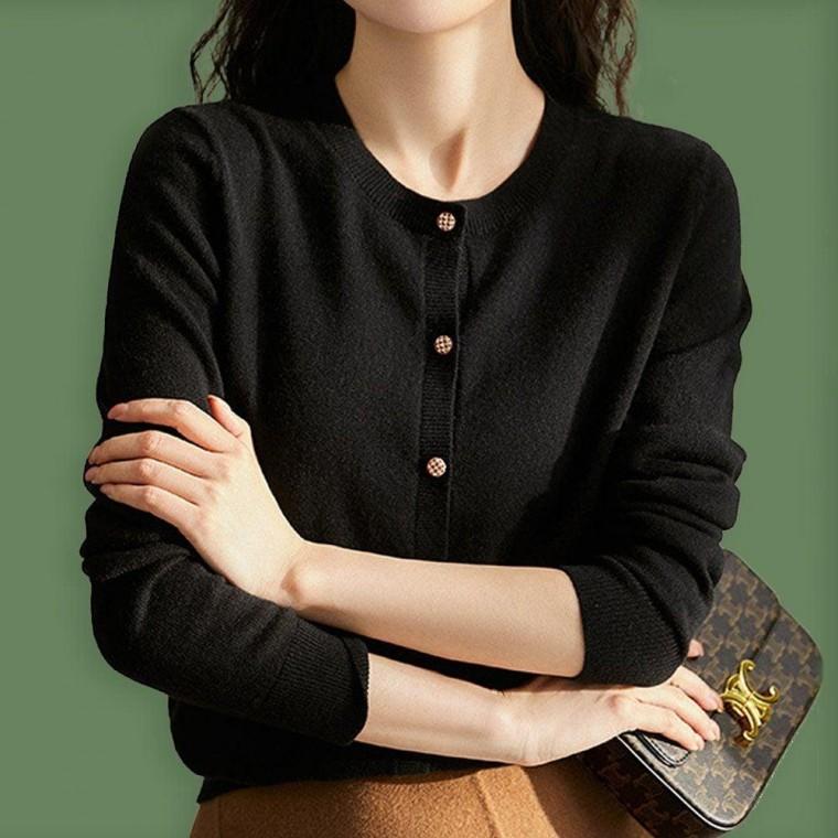여성 봄 가을 무지 라운드 예쁜 단추 가디건 블랙