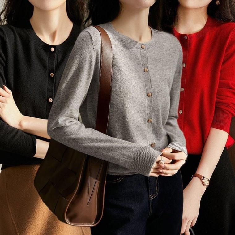 여성 봄 가을 무지 라운드 넥 예쁜 단추 가디건