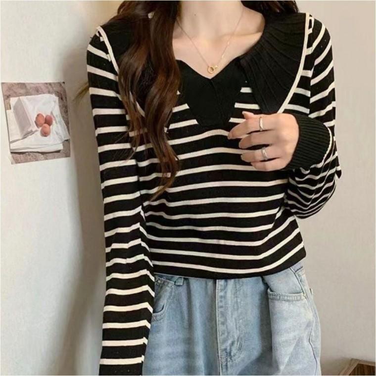 펀칭 빅카라 가을 니트 긴팔 단가라 봄 상의 여자