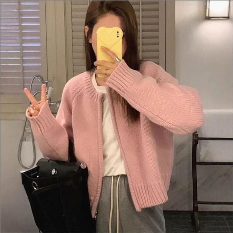 숏 세미크롭 니트 봄가을 라운드넥 집업 아우터 여성 가디건