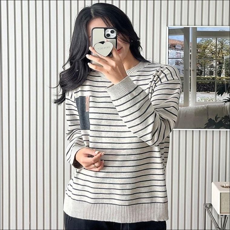 단가라 여자 루즈핏 봄 니트 스트라이프 긴팔 가을