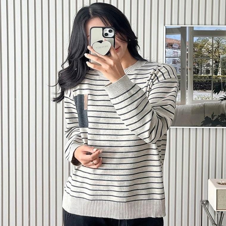가을 봄 스트라이프 루즈핏 단가라 니트 여성 긴팔