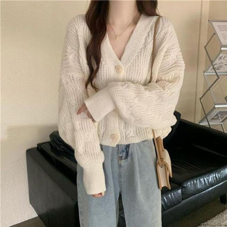 베이직 브이넥 꽈배기 크롭 가디건 가을 간절기 데일리 아우터
