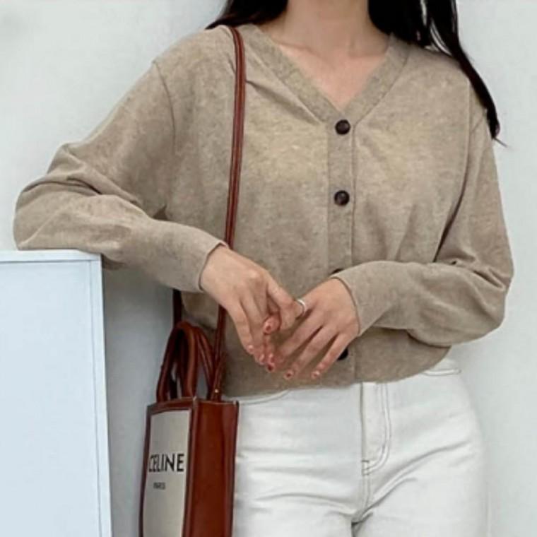 여성 캐시 가디건 봄가을 간절기 브이넥 긴팔 베이직 크롭 고급스러운 재질