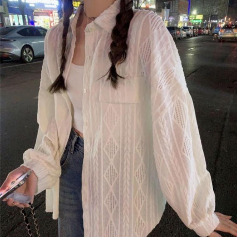 여성 화라 카라 가디건 봄가을 펀칭 셔츠 스타일 니트 유니크한 캐주얼룩