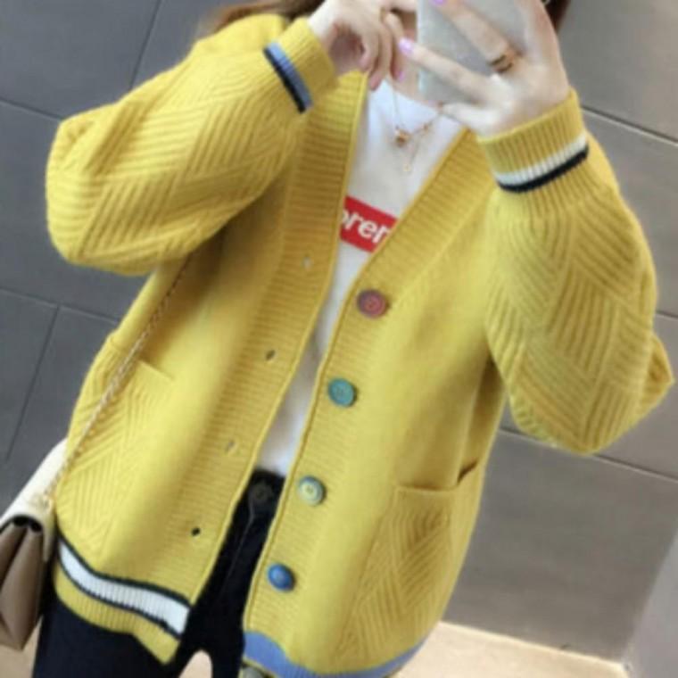 여성 브이넥 가디건 봄가을 단추 포인트 니트 캐주얼 데일리 긴팔 아우터