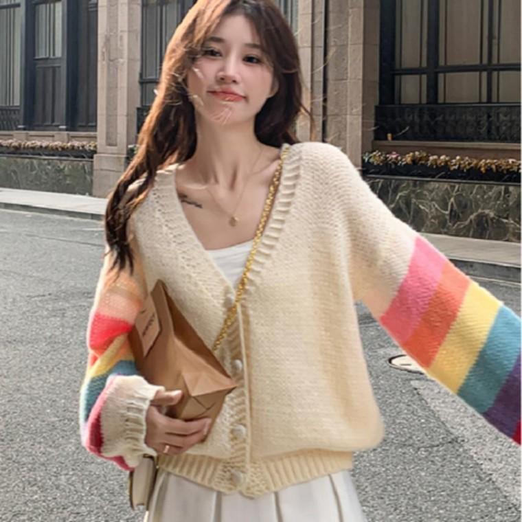 여성 무지개 가디건 봄가을 레인보우 브이넥 루즈핏 캐주얼 포인트 니트