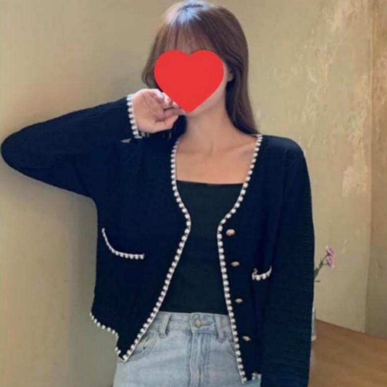 여성 배색 가디건 봄가을 클래식 금장 버튼 니트 아우터 고급스러운 세미룩