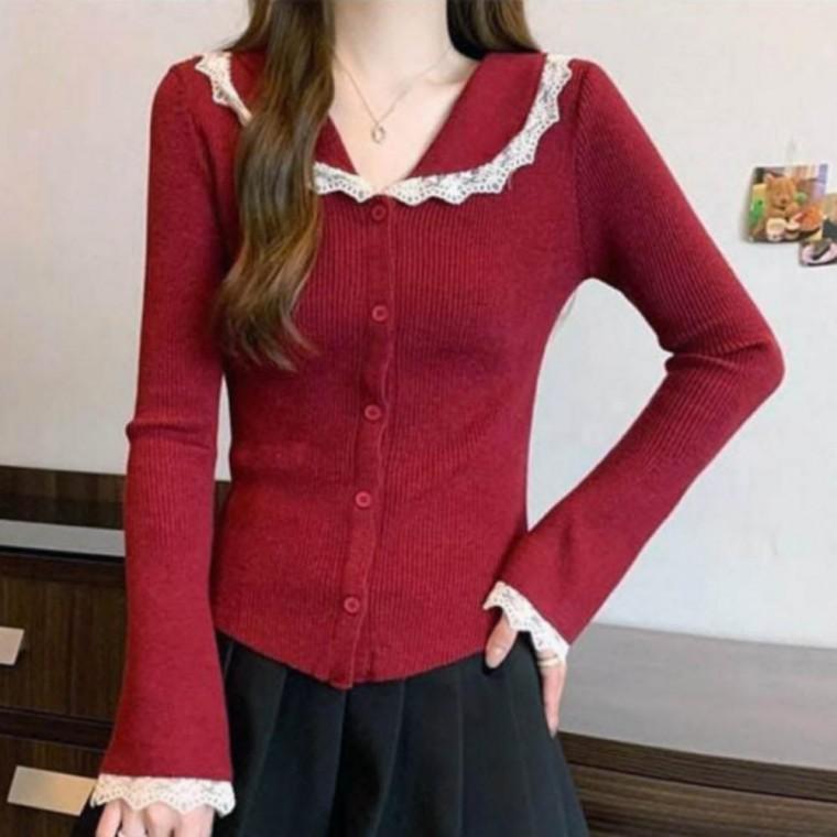 여성 레이스 가디건 봄가을 슬림핏 골지 카라 포인트 러블리 우아한 페미닌룩
