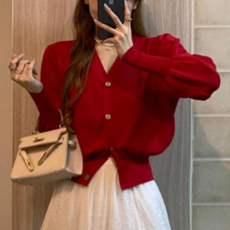 여성 퍼프 가디건 봄가을 셔링 브이넥 니트탑 러블리 데일리룩 데이트룩 추천