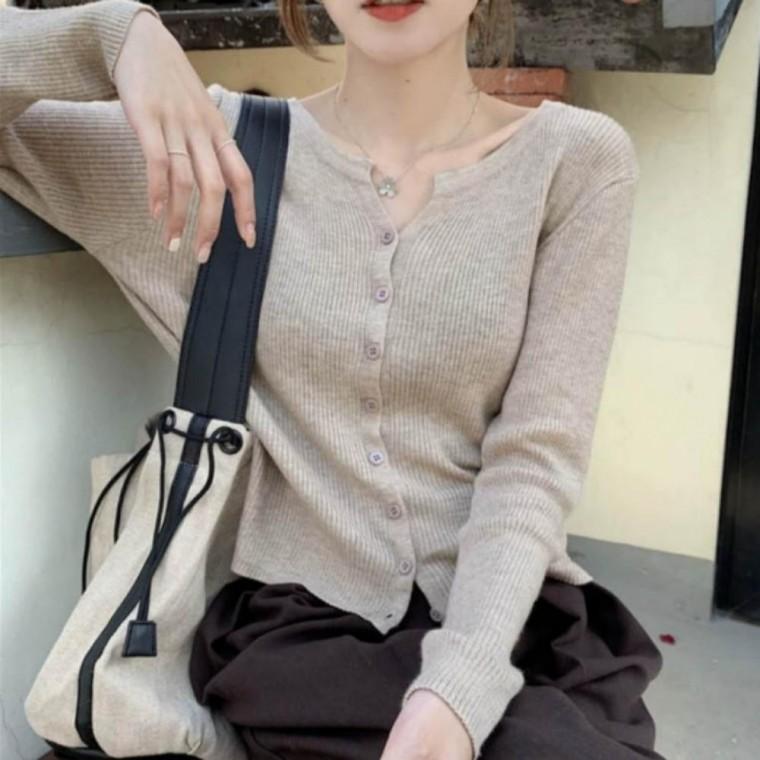 여성 소프트 가디건 봄가을 골지 슬림 데일리 라운드넥 부드러운 촉감 데일리템