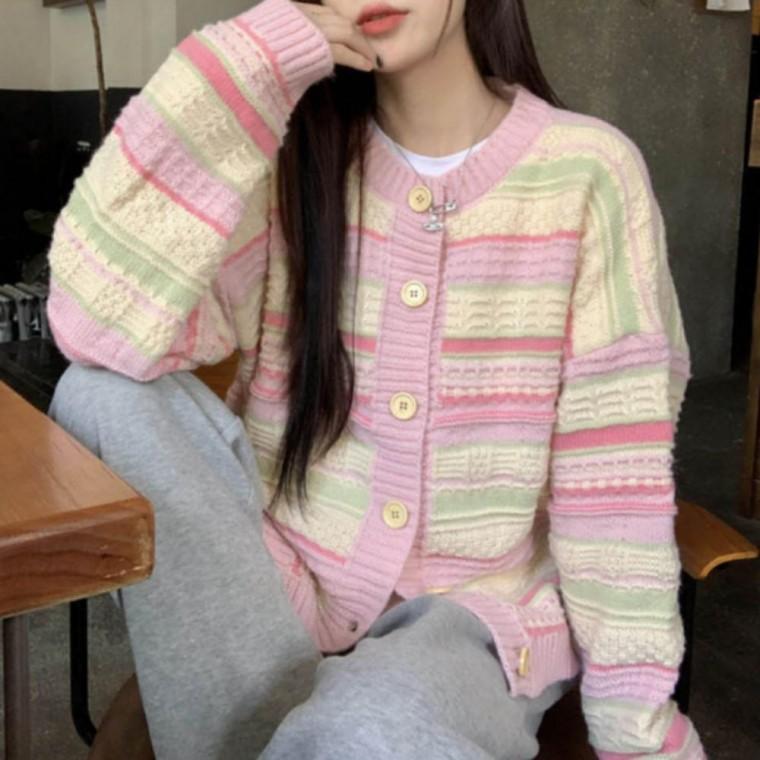 여성 스트라이프 가디건 봄가을 파스텔 배색 라운드넥 긴팔 화사한 코디